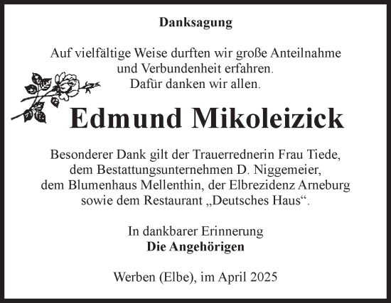 Traueranzeige von Edmund Mikoleizick von Volksstimme Altmark Ost