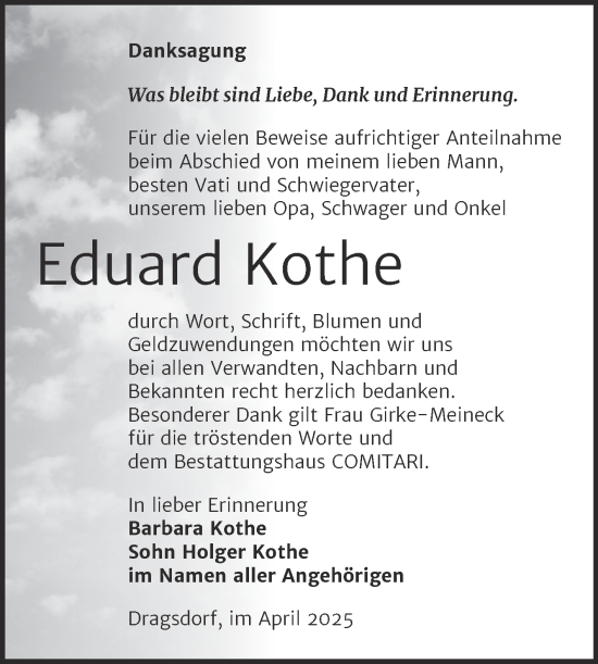 Traueranzeige von Eduard Kothe von Trauerkombi Zeitz