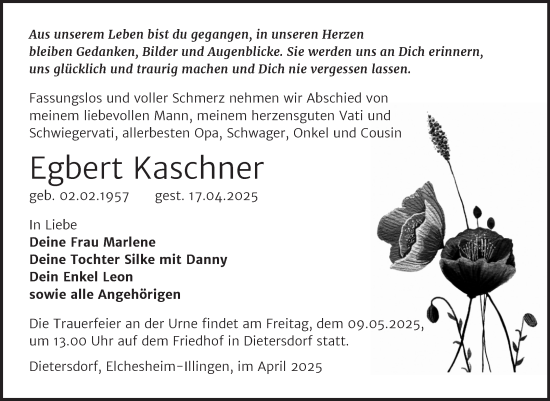 Traueranzeige von Egbert Kaschner von Trauerkombi Sangerhausen