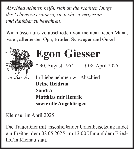 Traueranzeige von Egon Giesser von Volksstimme Altmark West