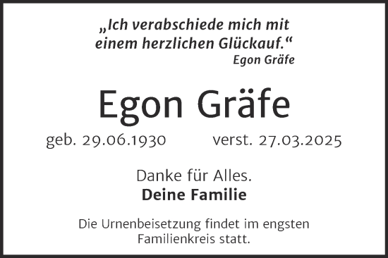 Traueranzeige von Egon Gräfe von Trauerkombi Wittenberg