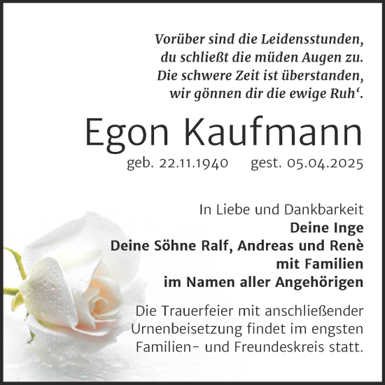 Traueranzeige von Egon Kaufmann von Trauerkombi Sangerhausen