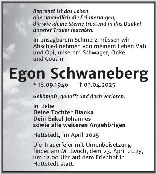Traueranzeige von Egon Schwaneberg von Trauerkombi Mansfelder Land
