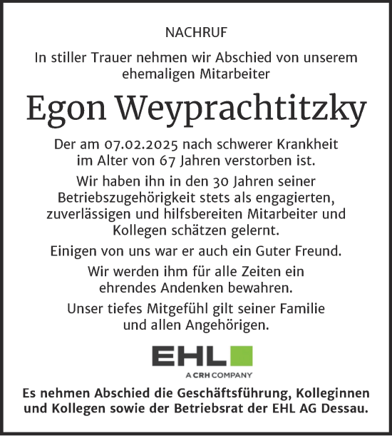 Traueranzeige von Egon Weyprachtitzky von Super Sonntag Dessau-Roßlau