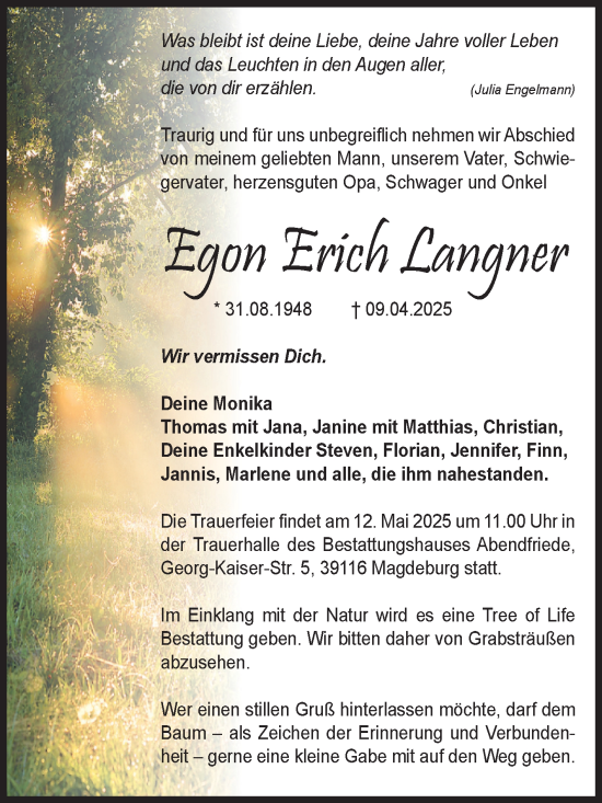Traueranzeige von Egon Erich Langner von Volksstimme Magdeburg