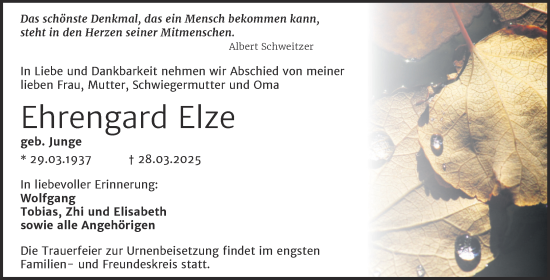 Traueranzeige von Ehrengard Elze von Trauerkombi Mansfelder Land