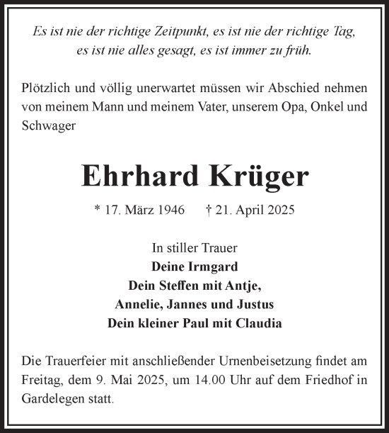 Traueranzeige von Ehrhard Krüger von Volksstimme Altmark West