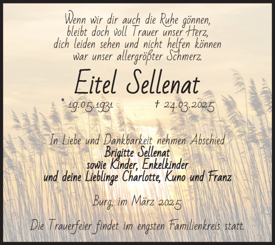 Traueranzeige von Eitel Sellenat von Volksstimme Burg/Genthin