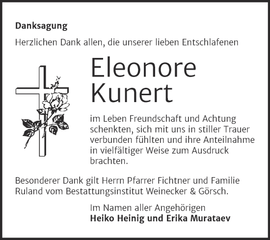 Traueranzeige von Eleonore Kunert von Trauerkombi Bernburg