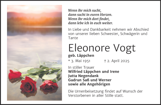 Traueranzeige von Eleonore Vogt von Trauerkombi Köthen