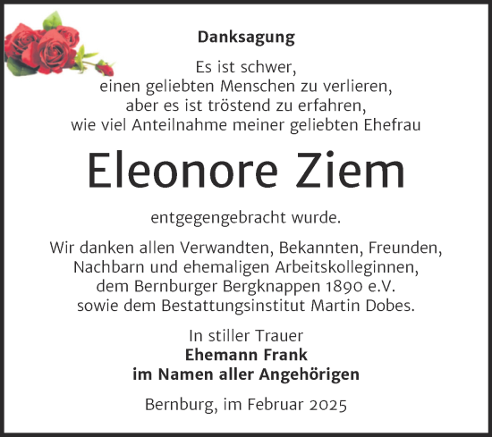 Traueranzeige von Eleonore Ziem von Trauerkombi Bernburg
