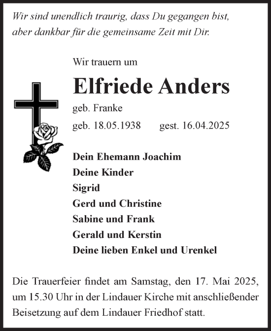 Traueranzeige von Elfriede Anders von Volksstimme Zerbst