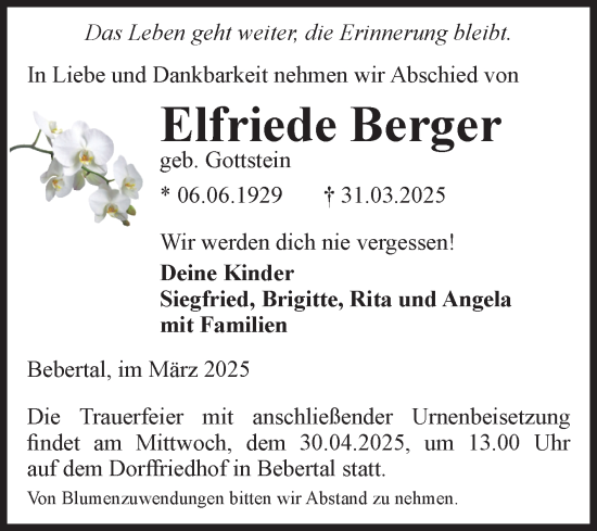 Traueranzeige von Elfriede Berger von Volksstimme Haldensleben/Wolmirstedt