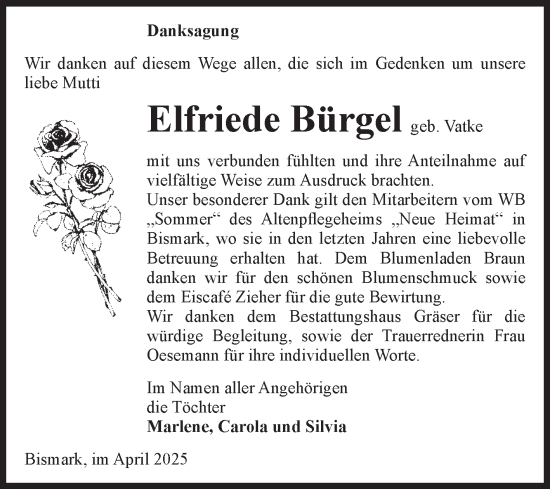 Traueranzeige von Elfriede Bürgel von Volksstimme Altmark Ost