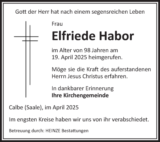 Traueranzeige von Elfriede Habor von Volksstimme Schönebeck