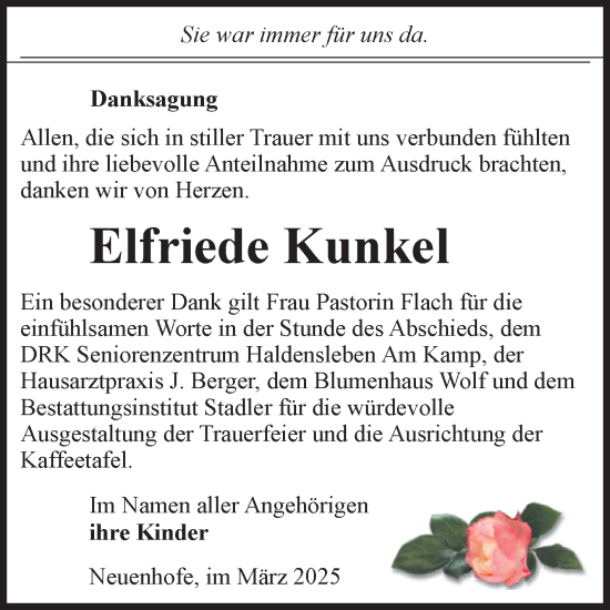 Traueranzeige von Elfriede Kunkel von Volksstimme Haldensleben/Wolmirstedt