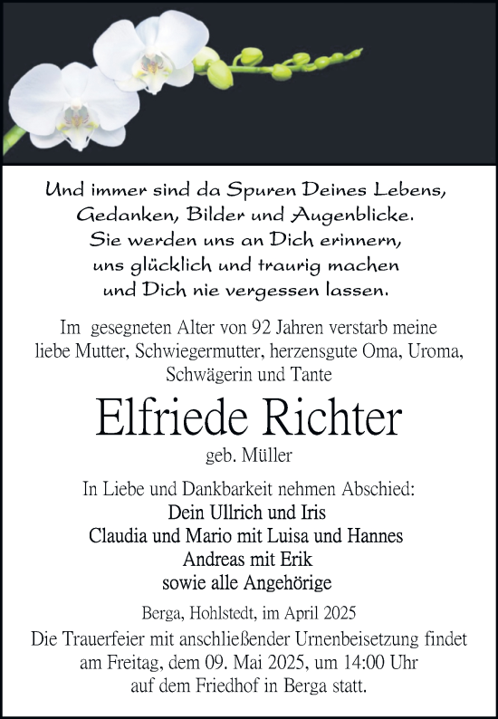 Traueranzeige von Elfriede Richter von Trauerkombi Sangerhausen