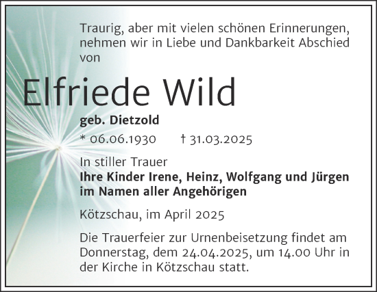 Traueranzeige von Elfriede Wild von Trauerkombi Merseburg