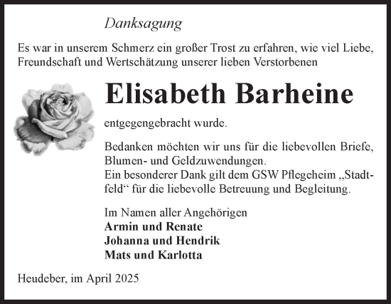 Traueranzeige von Elisabeth Barheine von Volksstimme Wernigerode