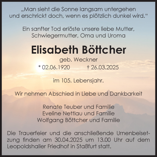 Traueranzeige von Elisabeth Böttcher von Volksstimme Staßfurt