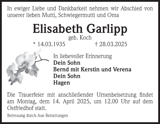 Traueranzeige von Elisabeth Garlipp von Volksstimme Magdeburg