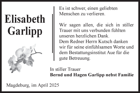 Traueranzeige von Elisabeth Garlipp von Volksstimme Magdeburg