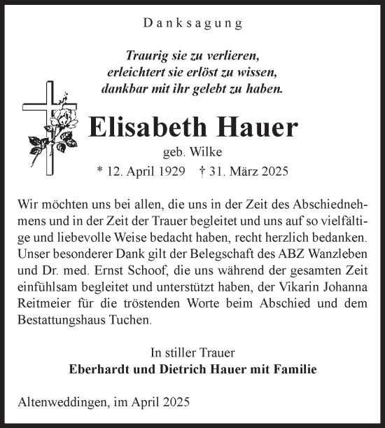 Traueranzeige von Elisabeth Hauer von Volksstimme Oschersleben/Wanzleben