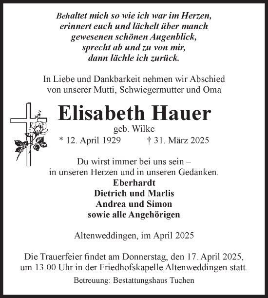 Traueranzeige von Elisabeth Hauer von Volksstimme Oschersleben/Wanzleben