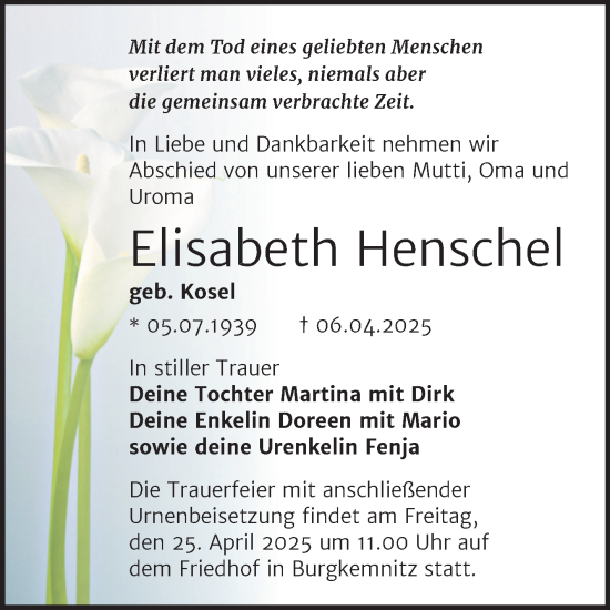 Traueranzeige von Elisabeth Henschel von Trauerkombi Bitterfeld