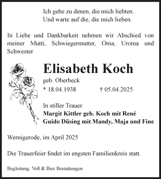 Traueranzeige von Elisabeth Koch von Volksstimme Wernigerode