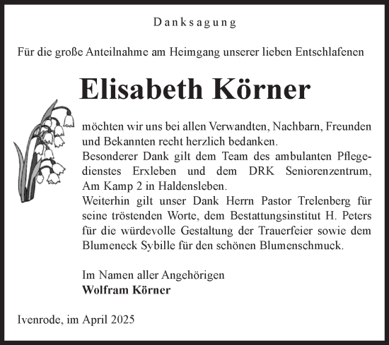 Traueranzeige von Elisabeth Körner von Volksstimme Haldensleben/Wolmirstedt