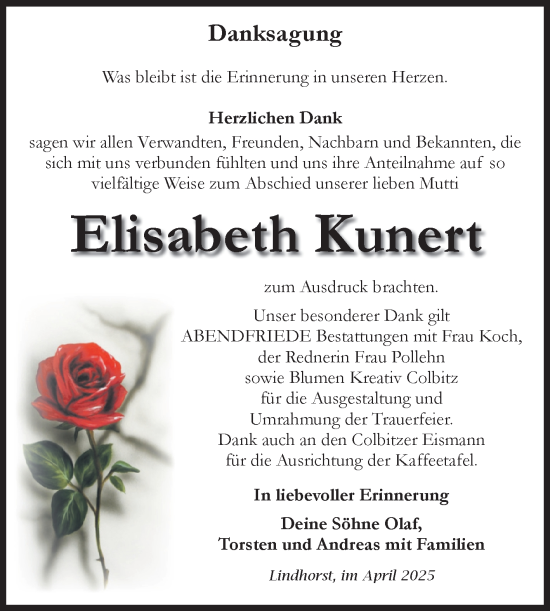 Traueranzeige von Elisabeth Kunert von Volksstimme Haldensleben/Wolmirstedt
