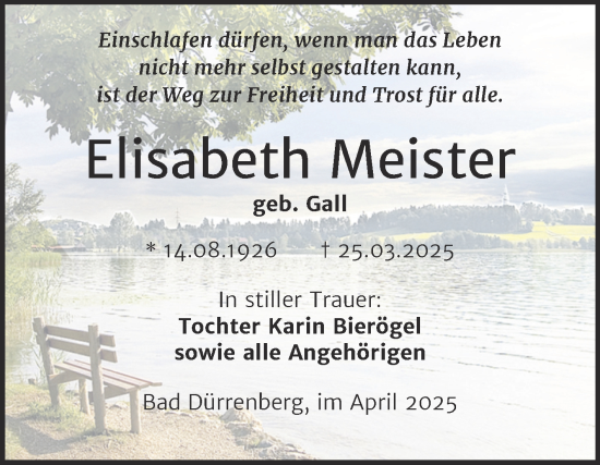 Traueranzeige von Elisabeth Meister von Trauerkombi Merseburg