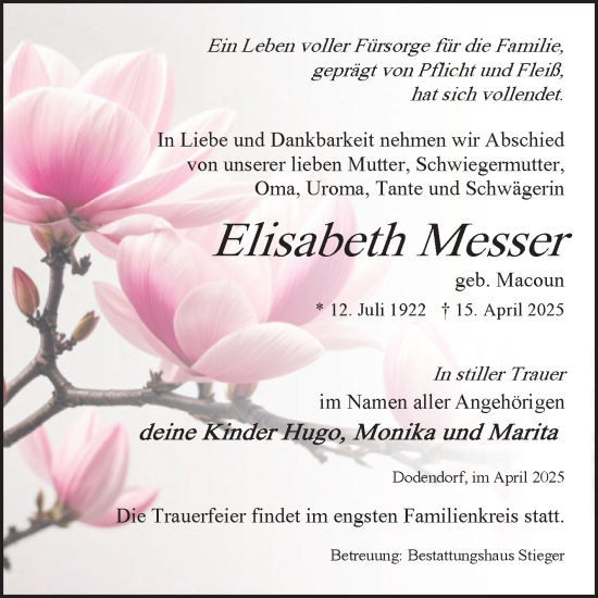 Traueranzeige von Elisabeth Messer von Volksstimme Oschersleben/Wanzleben