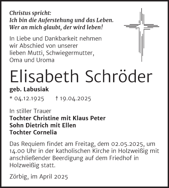 Traueranzeige von Elisabeth Schröder von Trauerkombi Bitterfeld