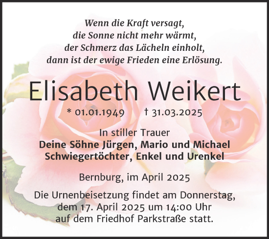 Traueranzeige von Elisabeth Weikert von Trauerkombi Bernburg
