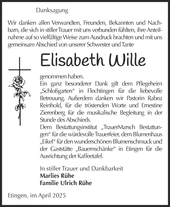 Traueranzeige von Elisabeth Wille von Volksstimme Haldensleben/Wolmirstedt