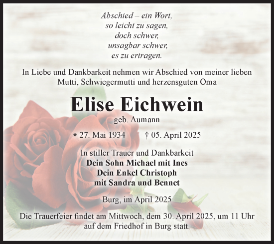 Traueranzeige von Elise Eichwein von Volksstimme Burg/Genthin