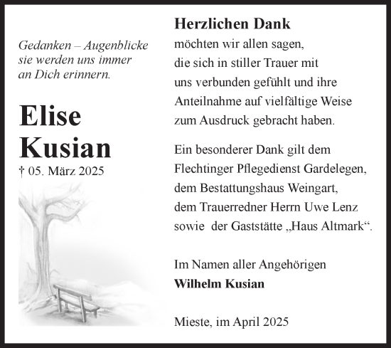 Traueranzeige von Elise Kusian von Volksstimme Altmark West