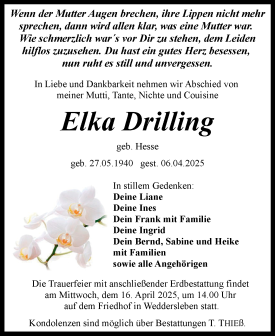 Traueranzeige von Elka Drilling von Trauerkombi Quedlinburg