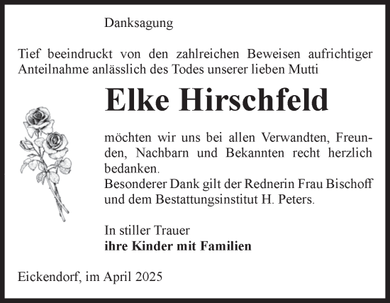 Traueranzeige von Elke Hirschfeld von Volksstimme Haldensleben/Wolmirstedt