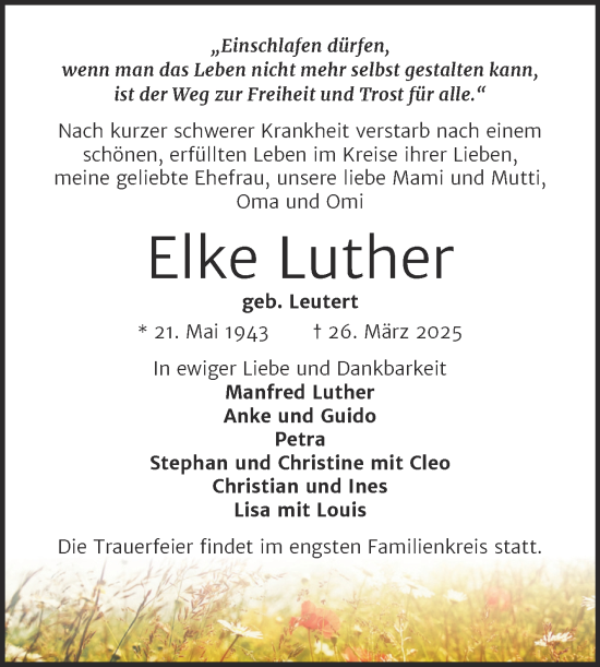 Traueranzeige von Elke Luther von Mitteldeutsche Zeitung Halle/Saalkreis