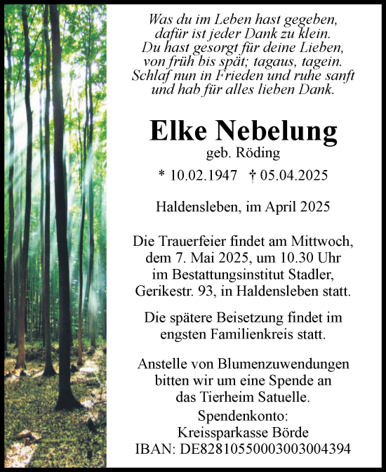 Traueranzeige von Elke Nebelung von Volksstimme Haldensleben/Wolmirstedt
