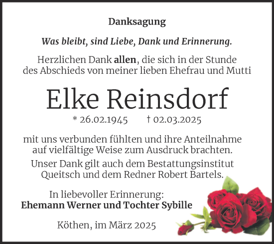 Traueranzeige von Elke Reinsdorf von Trauerkombi Köthen