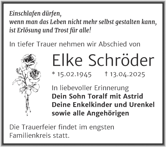 Traueranzeige von Elke Schröder von Trauerkombi Bitterfeld