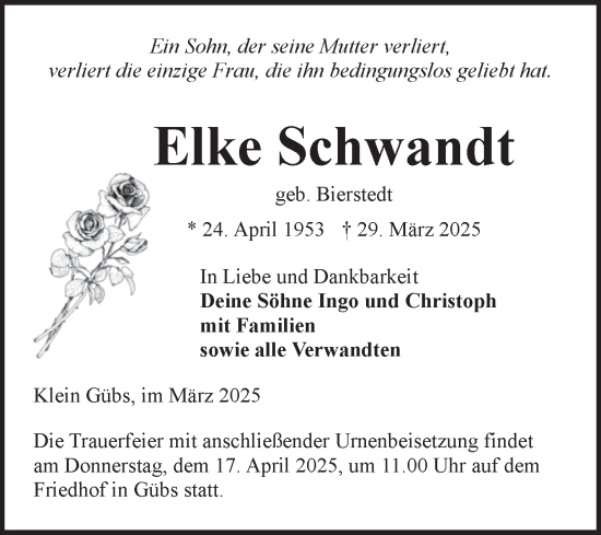 Traueranzeige von Elke Schwandt 