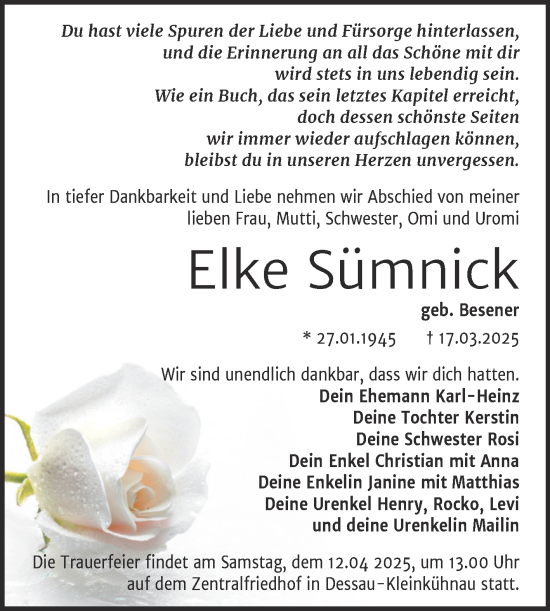 Traueranzeige von Elke Sümnick von Trauerkombi Dessau