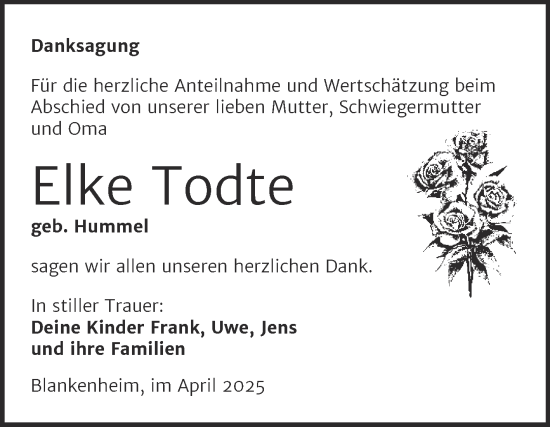 Traueranzeige von Elke Todte von Trauerkombi Sangerhausen