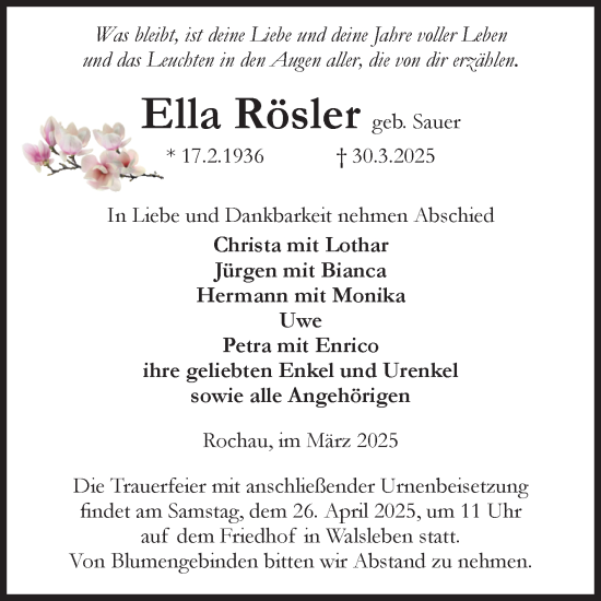 Traueranzeige von Ella Rösler von Volksstimme Altmark Ost