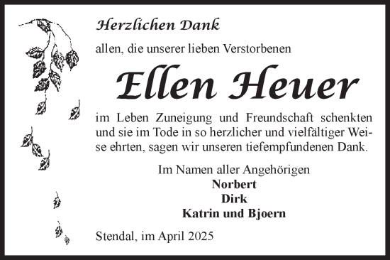 Traueranzeige von Ellen Heuer von Volksstimme Altmark Ost